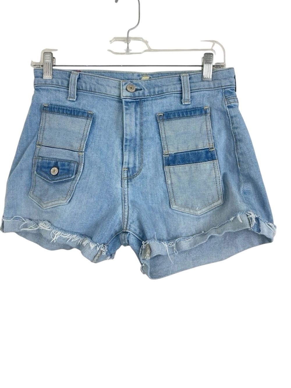 7 For All Mankind Jean Cut Off Shorts Sz 28 Patchwork Pockets Blue Denim
